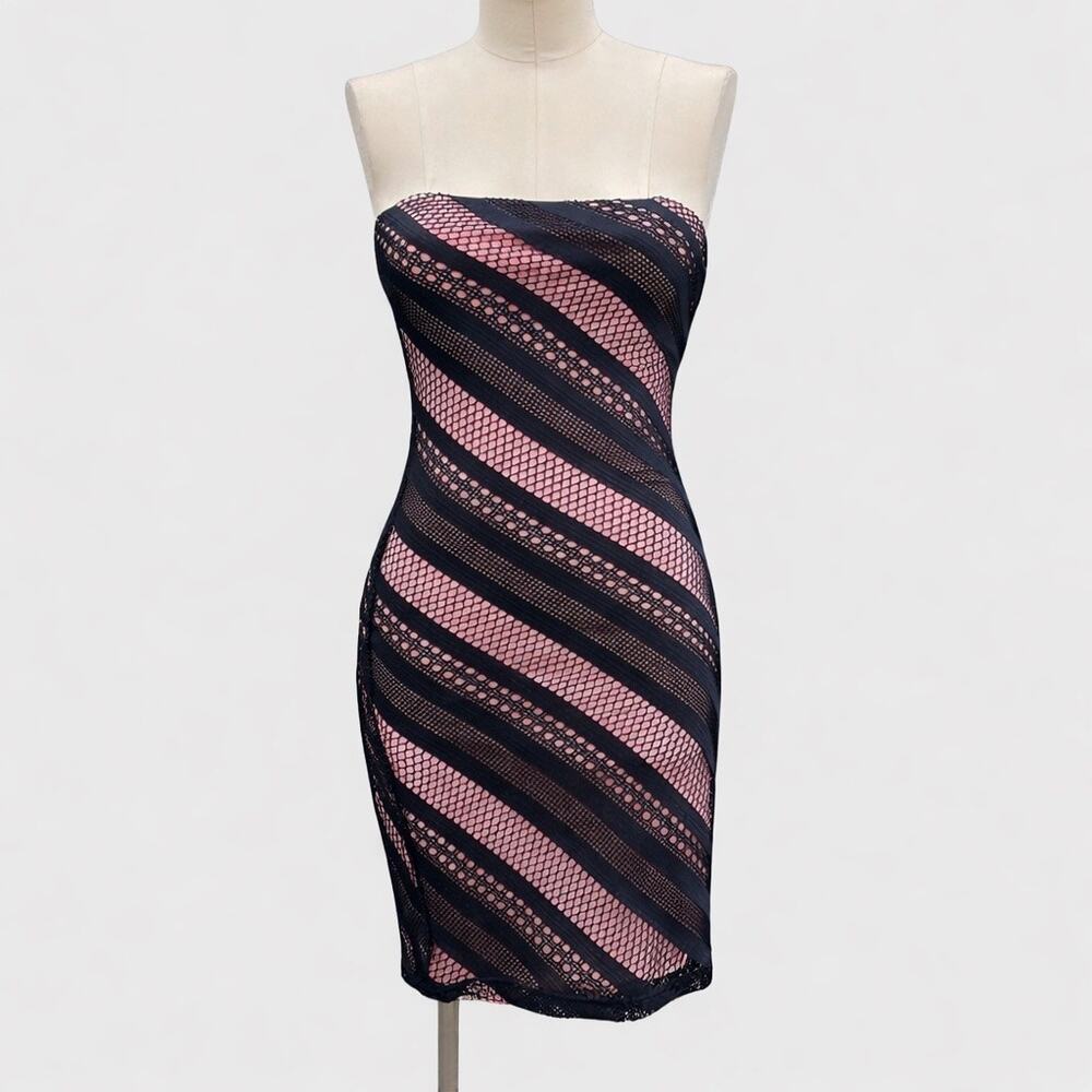 Vintage Y2K Savvy Pink Black Striped Strapless Mini Dress Made in USA Small 90s